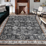 Garvee 4x6ft Vintage Area Rug - Washable Stain Resistant, Traditional Distressed Mat, Retro Floral Print, Foldable Thin Accent Rug, Non-Slip Carpet for Living Room Dining Room Office. Black Tone - Black