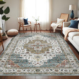 Garvee Persian Camel Green 9x12 Area Rugs, Machine Washable Vintage Printed Soft Low Pile Rugs, Oriental Accent Carpet with Non-Slip Backing, Stain-Resistant Distressed Floor Carpet for Living Room, Hallway, Laundry - Camel Green