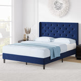 Garvee Queen Bed Frame with Button Tufted Headboard, Fabric Upholstered Platform Queen Size Bed Frame with Headboard (Dark Blue Pull Point) - Blue
