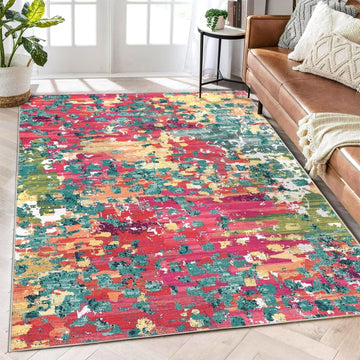 9x12 large rug with easy-care thin texture for modern home decor in vibrant pink and green artistic design