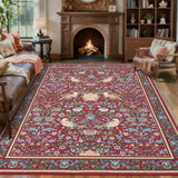Garvee Washable Rugs 8x10 Floral Vintage Boho Area Rugs for Living Room Ultra Soft Low Pile Botanical Birds Print Non Slip Carpet Indoor Large Carpets for Nursery Home Office Farmhouse,Red - Red