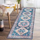 Garvee Boho Tribal Area Rug 2x6 Hallway Bohemian Vintage Bedroom Throw Rugs Non-Slip Machine Washable Rugs Low-Pile Floor Carpet for Kitchen Laundry Living Bathroom Blue/Fuchsia 2'x6' - Navy Blue