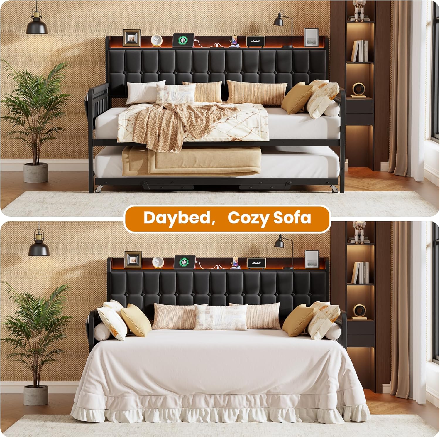 Garvee Daybed with Trundle, Metal Twin Bed Frame with Upholstered Storage Headboard, Charging Station & LED, Sofa Bed with, Side Pockets, Sturdy Supports for Living Room and Bedroom, Black