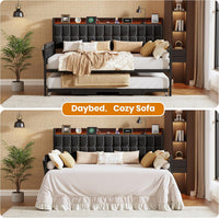 Garvee Daybed with Trundle, Metal Twin Bed Frame with Upholstered Storage Headboard, Charging Station & LED, Sofa Bed with, Side Pockets, Sturdy Supports for Living Room and Bedroom, Black
