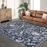 Garvee Traditional Area Rug Foldable Indoor Washable Thin Retro Floral Non-Slip Carpet Mat 9'x12' Grey - Gray