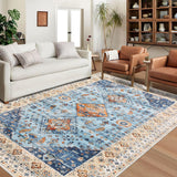Garvee Vintage Washable Area Rug Blue Multi 9x12 - Bohemian Floral, Non-Slip TPR Backing, Stain Resistant Polyester, Ideal for Living Room, Bedroom, Office, Classroom - Blue