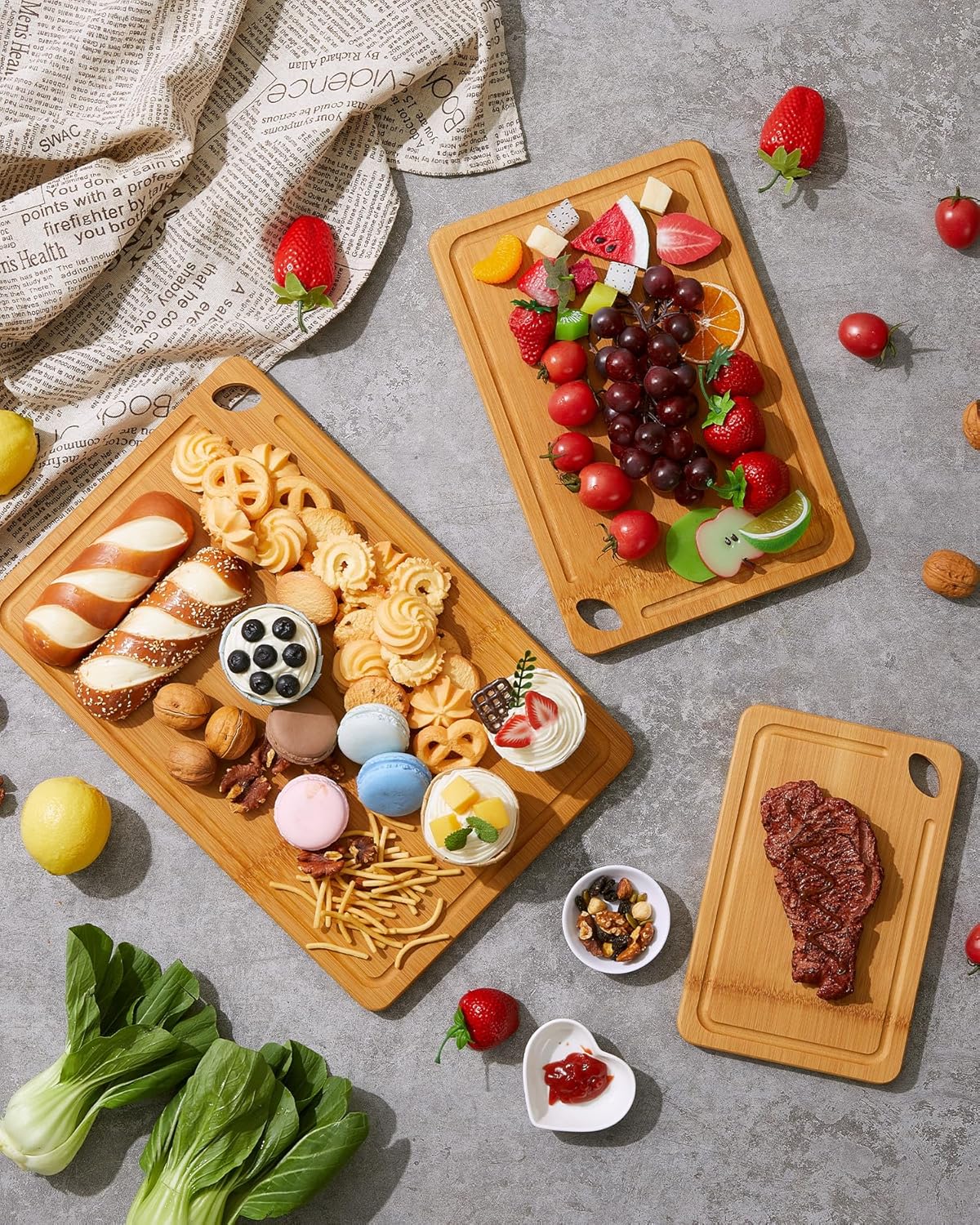 Garvee Bamboo Cutting Board Set of 3 - Heavy Duty, Deep Juice Groove, Carbonized Bamboo, Built-in Handles, Multi-Size, Kitchen Prep & Serving