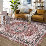 Garvee Vintage Area Rug 5x7 Machine Washable Floral Distressed Carpet Rug Retro Medallion Stain Resistant Non-Slip Accent Rug Coffee Table Rug Farmhouse Dining Office Bedroom Decor, Brick Red - Brick Red