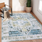 Garvee Area Rug 3x5 Machine Washable Rug Non Slip Vintage Retro Rugs Stain Resistant Boho Low Pile Thin Rug Soft Distressed Rug for Living Room Bedroom, Blue Multi - Blue Multi