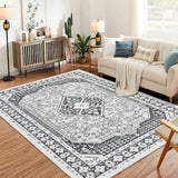 Garvee Washable Area Rugs for Living Room, 5x7 Stain Resistant No Slip Large Area Rug, Ultra-Thin Vintage Moroccan Soft Carpet for Bedroom Dining Room, Black Grey - Gray
