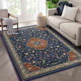 Garvee Large Monaco Collection Area Rug - 9' x 12', Navy Blue & Orange, Boho Chic Medallion Distressed Design, Non-Shedding & Easy Care, Ideal for High Traffic Areas in Living Room, Bedroom - Blue