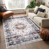 Garvee Oriental Blue 5x7 Washable Area Rug Vintage Distressed Indoor Non-Slip Rug Oriental Medallion Floor Cover Stain Resistant Traditional Carpet Rug for Living Room Bedroom Home Office - Blue