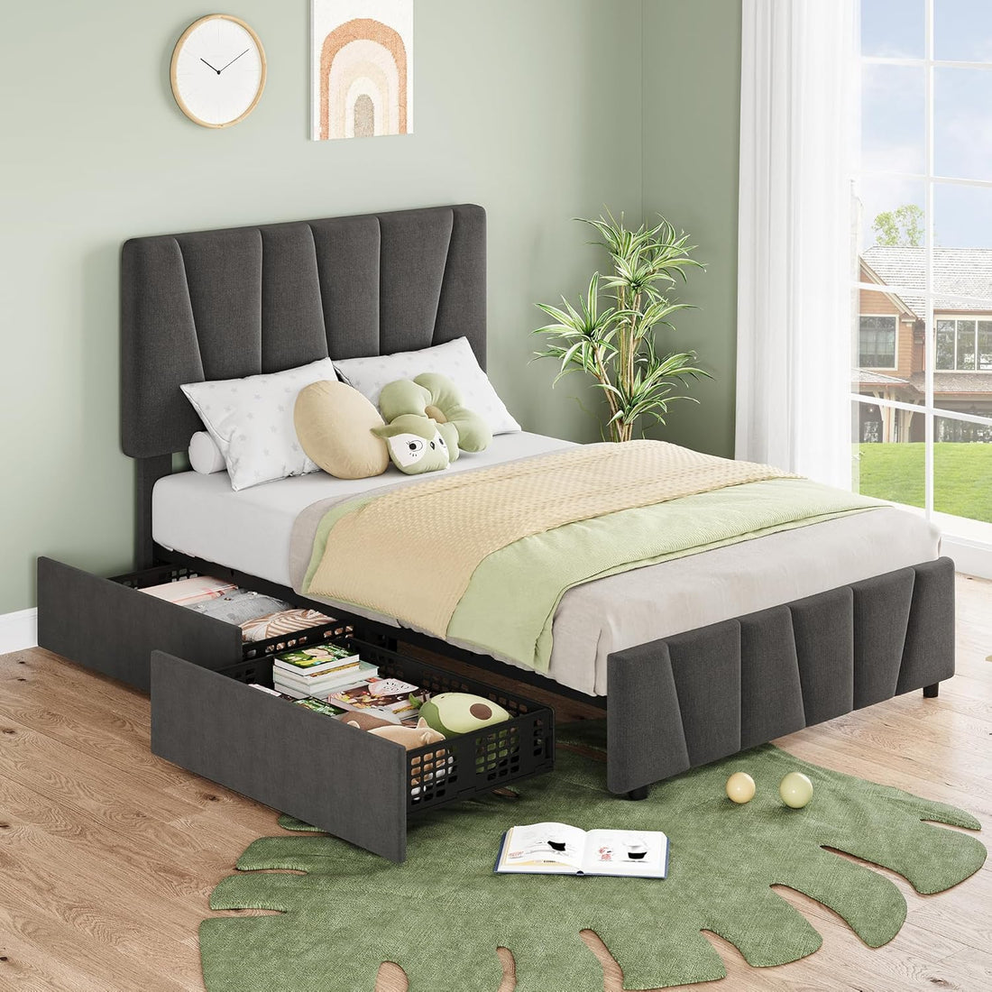 Garvee Twin Size Bed Frame with Adjustable Headboard and 2 Storage Drawers, Upholstered Platform Bed Frame with Wooden Slats Support, No Box Spring Needed, Dark Grey (Twin)