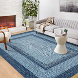 Garvee Bordered Grey Blue 6x9 Washable Boho Braided Area Rug, Vintage Low-Pile Carpet with Non-Slip TPR Backing, Foldable Polyester for Living Room, Bedroom, Office - Gray Blue