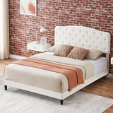 Garvee Queen Bed Frame with Adjustable Headboard, Leather Upholstered, Button Tufted, Wooden Slat Support, No Box Spring Needed, White - White