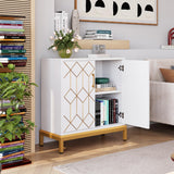 Garvee Accent Buffet Cabinet with Storage, Modern Design, Metal Material, Adjustable Shelf, Hand-painted Gold Lines, Ideal for Kitchen, Dining Room, Office - White