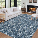Garvee Washable Rug 10x13 Large Vintage Medallion Area Rugs with Non-Slip Backing Soft Stain Resistant Non-Shedding Low-Pile Floor Carpet for Living Room Bedroom Kitchen Home Office,Navy - Blue