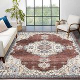 Garvee Vintage Area Rug 8x10 Washable Medallion Rug Low Pile Distressed Floor Carpet Non Slip Retro Accent Throw Rug for Living Room Bedroom Dining Table Home Office, Rust/Beige - Rice Red