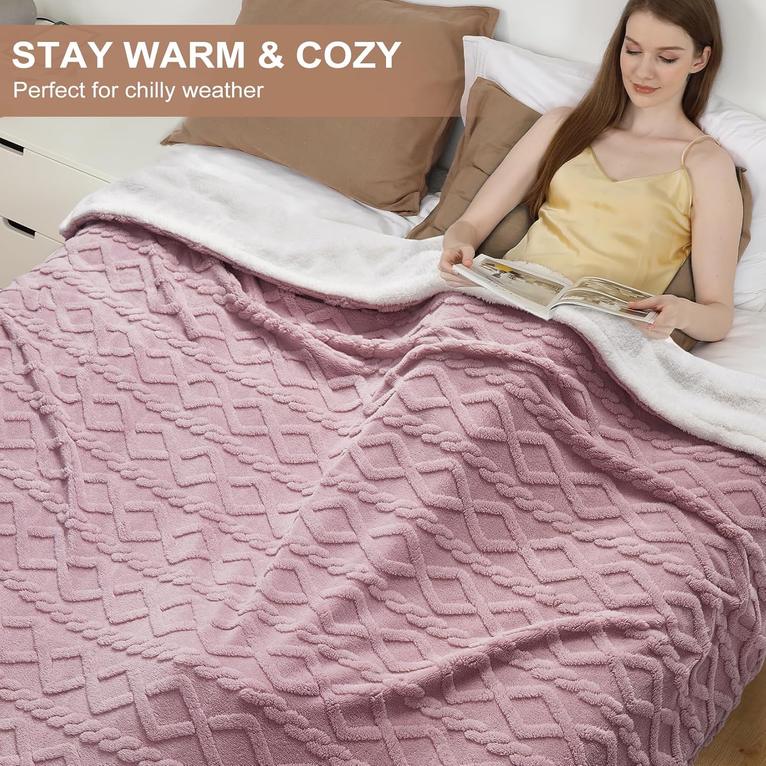 Garvee Electric Blanket Queen Size Dual Control - Thick Tufted Sherpa Heated Blanket Queen with 6 Heating Levels and 20 Time Settings, UL Certified Fast Heating Blanket Queen 84"×90", Dusty Pink