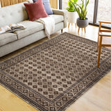 Garvee Washable Living Room Rugs 8x10 Large Modern Bordered Floor Cover Brown Non-Slip Trellis Checkered Accent Carpet - Light Brown