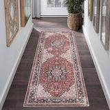 Garvee Runner Rug Vintage Hallway Runner Entryway Rug, Washable Stain Resistant Non-Slip Accent Rug Retro Distressed Nedallion Bedroom Rug Runner Entrance Carpet for Kitchen, Brick Red, 2' x 6' - Red