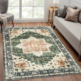 Garvee Area Rug 9x12 Non-Slip Vintage Rug Low Pile Rugs Washable Rug Indoor Floor Cover Print Distressed Carpet Non-Shedding Oriental Area Rug for Living Room Bedroom, 9’x12’, Green - Green