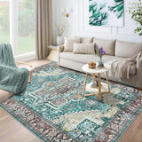 Garvee Machine Washable Area Rug 5x7 Non-Slip Rugs for Bedroom Aesthetic Lightweight Entry Rug Kitchen Rugs Vintage Distressed Print Capet for Office Bathroom Laundry Room - Green