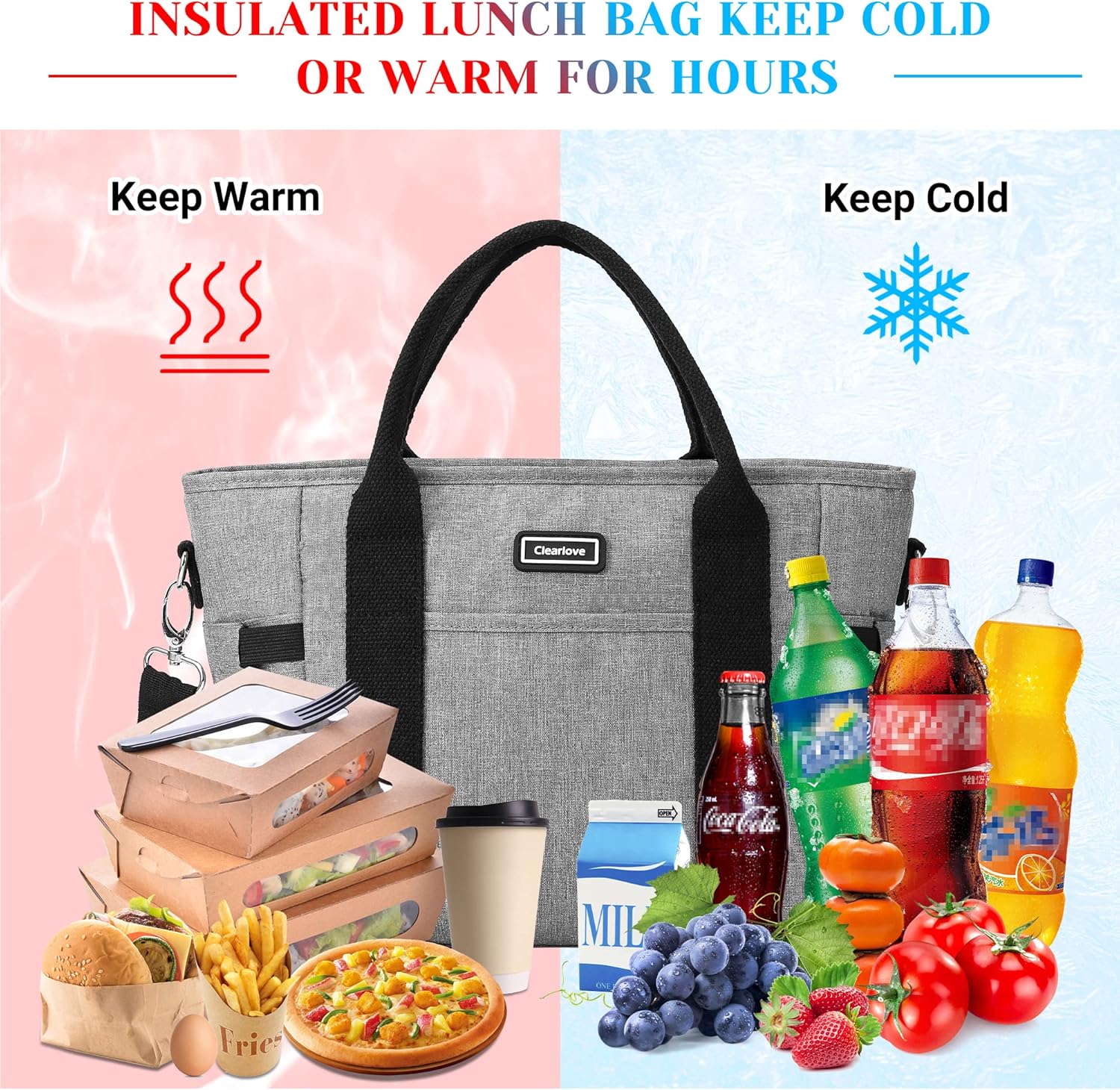 Garvee Lunch Bag for Women Men, Tote Adult Lunch Box with Adjustable Shoulder Strap & Side Pockets, Portable Lunch Tote Bag for Work Picnic School or Travel Gray-Normal Size