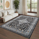 Garvee Washable 9x12 Rug Low Pile Soft Vintage Indoor Throw Rug Black for Living Room Bedroom Dining Room Nursery - Black