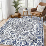 Garvee 10x13 Ft Vintage Distressed Medallion Area Rug - Machine Washable Non-Slip Boho Floral Carpet for Indoor/Outdoor Living Room Bedroom Dining Room, Blue - Blue