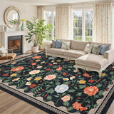 Garvee Washable 9x12 Area Rugs Non Slip Floral Print Carpet for Living Room, Girls Room, Bedroom, Nursery, Black - Black