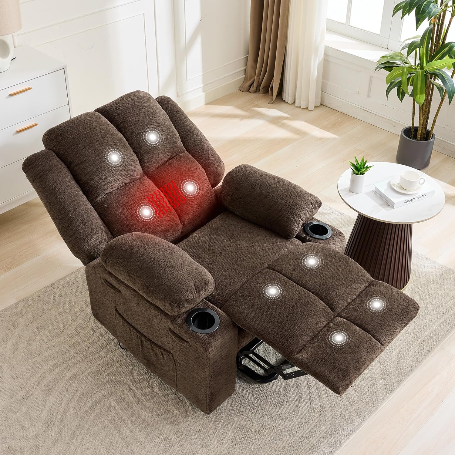 Garvee Oversized Power Lift Recliner Chair for Elderly, 155° Adjustable Lay Flat Lift Chair with Heat and Massage, Standing Assistance, Overstuffed Backrest, Cup Holders, Side Pocket for Living Room, Brown