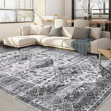 Garvee Washable Rugs 9x12 Rug Vintage Rugs for Bedroom Bohemian Living Room Rugs Non Slip Carpet Non Shedding Chenille Thin Throw Rugs Large Area Rug Stain Resistant Office Classroom Rug 9'x12' Grey - Black