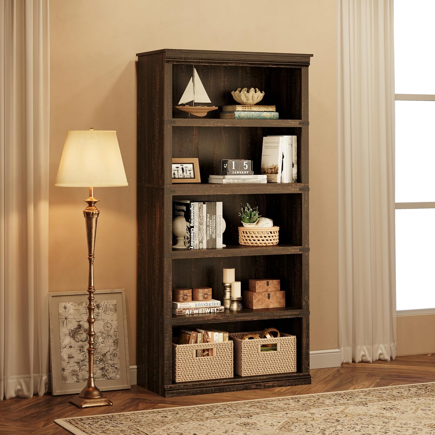 Garvee 5 Tier Bookcase, Farmhouse Book Shelf with Storage Open Display Bookshelves, 67.4" Tall Book Case Wooden 5 Shelf Bookcase Home Decor Furniture for Home Office, Living Room, Bed Room, Oak