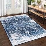 Garvee Large Rug 8x10 Vintage Area Rug Non-Slip Distressed Area Rug Machine Washable Indoor Floor Carpet Low Pile Rug Foldable Accent Rug for Bedroom Nursery, Navy - Blue