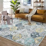 Garvee Area Rug 5x7 Moroccan Trellis Machine Washable Rug Vintage Medallion Distressed Floor Cover Carpet Stain Resistant Non-Slip Accent Rug Farmhouse Coffee Table Rug Decor, Blue/Yellow - Blue/Yellow