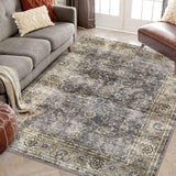 Garvee Washable Rug 9x12 Vintage Floral Area Rug Stain Resistant Rug Non Slip Accent Rug Low Pile Thin Rug Ultra Soft Throw Rug Bedroom Dining Room Office, Grey - Tan & Ivory