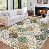 Garvee Floral 4x6 Beige and Taupe Machine Washable Rug Moroccan Trellis Distressed Area Rugs Stain Resistant Non-Slip Floor Carpet Vintage Floral Accent Rug Farmhouse Floor Cover for Dining Room Bedroom - Beige/Taupe