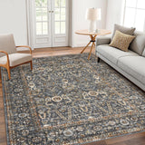 Garvee Area Rug 8x10 Washable Rug Dark Grey, Persian Vintage Rugs, Ultra-Thin Foldable Vintage Rugs for Bedroom, Dining Room, Home Office, Pet & Child Friendly, Low Pile, Non-Shedding - Dark Gray