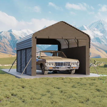 Garvee Enclosed Metal Carport 10×15 ft, 220g PE Tarp, 1.6" 19-Gauge Steel Frame, 106" H Outdoor Shelter for Sedans Boats Tractors