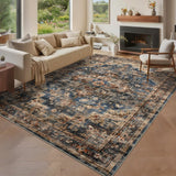 Garvee 9x12 Washable Vintage Living Room Area Rug with Non-Slip Backing, Low Pile, Stain Resistant, Blue & Brown - Blue & Brown