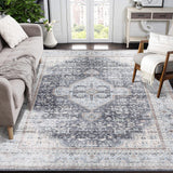 Garvee Large Area Rug 9x12 Vintage Distressed Rug Non Slip Washable Rug Ultra-Thin Soft Rug Stain Resistant Area Rug Low Pile Throw Carpet for Farmhouse Office, Grey - Black