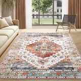 Garvee 9x12 Washable Boho Area Rug - Soft Polyester, Distressed Vintage Design, Non-Slip, Low Pile, Ideal for Living Room & Bedroom - Orange