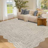 Garvee Imitation Braided Collection-Print Scalloped Washable Rugs Beige Gray 8x10 Area Rug for Living Room Soft Bedroom Rug Farmhouse Large Rug Non Slip Stain Resistant Carpet - Beige Gray