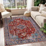 Garvee 9x12 Area Rug Large Vintage Distressed Machine Washable Area Rug for Living Room Traditional Medallion Non-Slip Stain Resistant Accent Rug Carpet for Bedroom Decoration, Red - Red