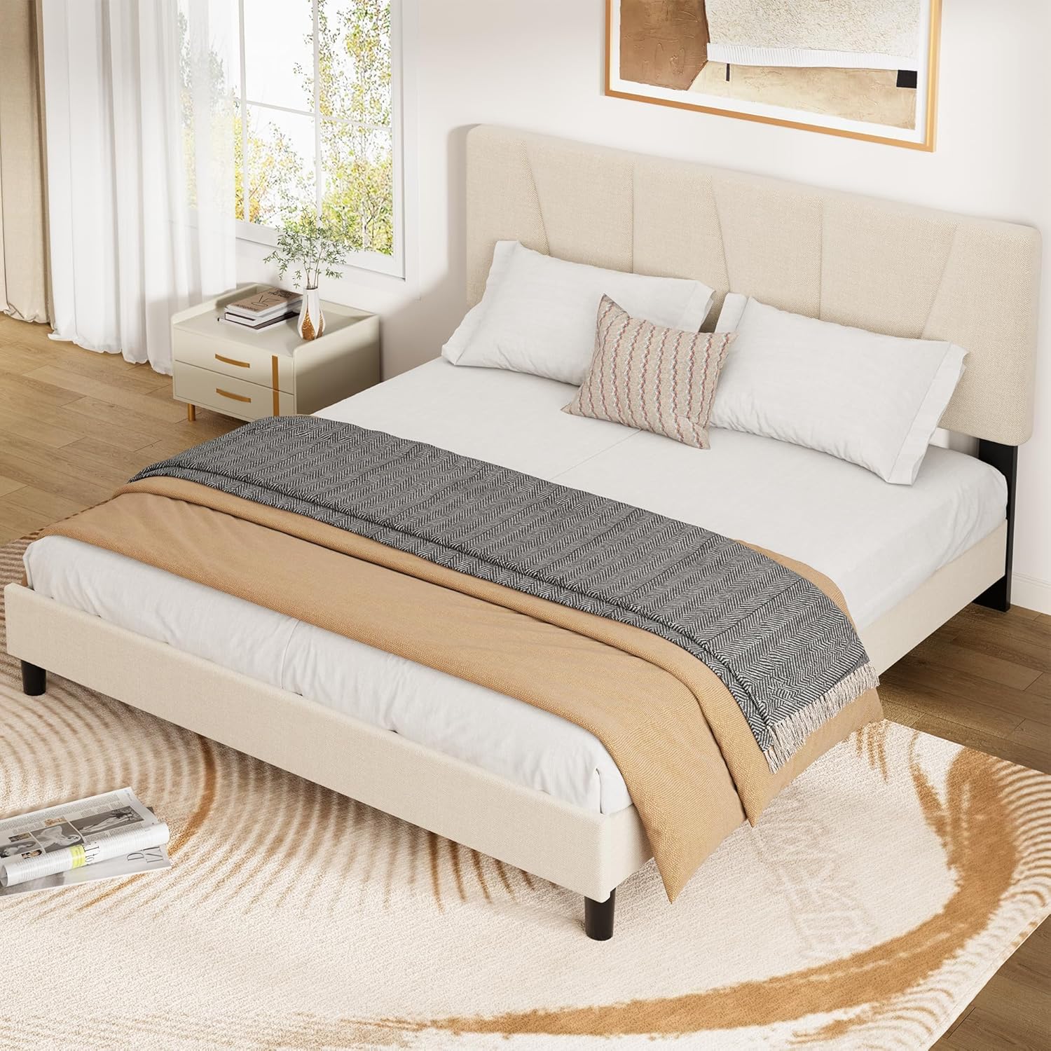 Garvee Full Size Bed Frame With Headboard Adjustable, Velvet Upholstered Full Platform Bed With Headboard, Mattress Foundation With Wooden Slats, No Box Spring Needed, Easy Assembly, Beige/Cream