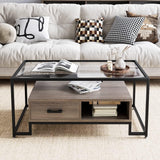 Garvee Rectangular Coffee Table, Glass Top + Storage Shelf, Drawer + Handcrafted Steel Frame, Mid Century + Brown, Rustic, 23.6 x 41.7 x 17.8 inches + Home, Living Room, Office - Light brown wood grain