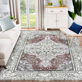 Garvee Vintage Washable Soft Area Rug 9x12 Low Pile Anti-Slip Stain Resistant Floral Printed Red - Red-Beige