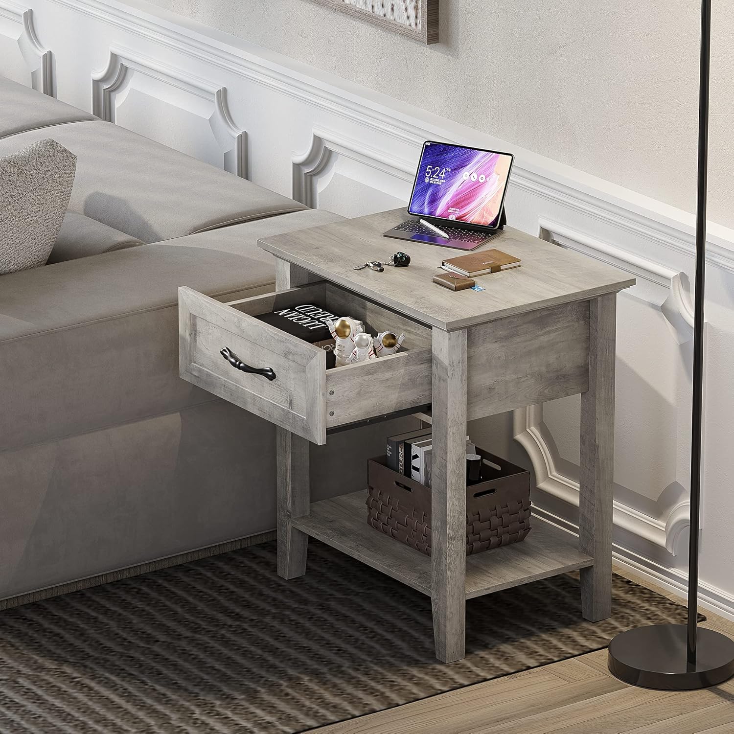 Garvee Square Nightstand, Bedside Table End Table for Bedroom Nursery Living Room, End Table with Storage Drawer, Easy Assembly, 1 PC-Gray