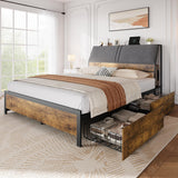 Garvee Queen Bed Frame with Charging Station and 4 Storage Drawers, Metal Platform Bed with Ergonomic Large Storage Headboard, Noise-Free, No Box Spring Needed, Rustic Brown - Rustic Brown + 4 Drawers